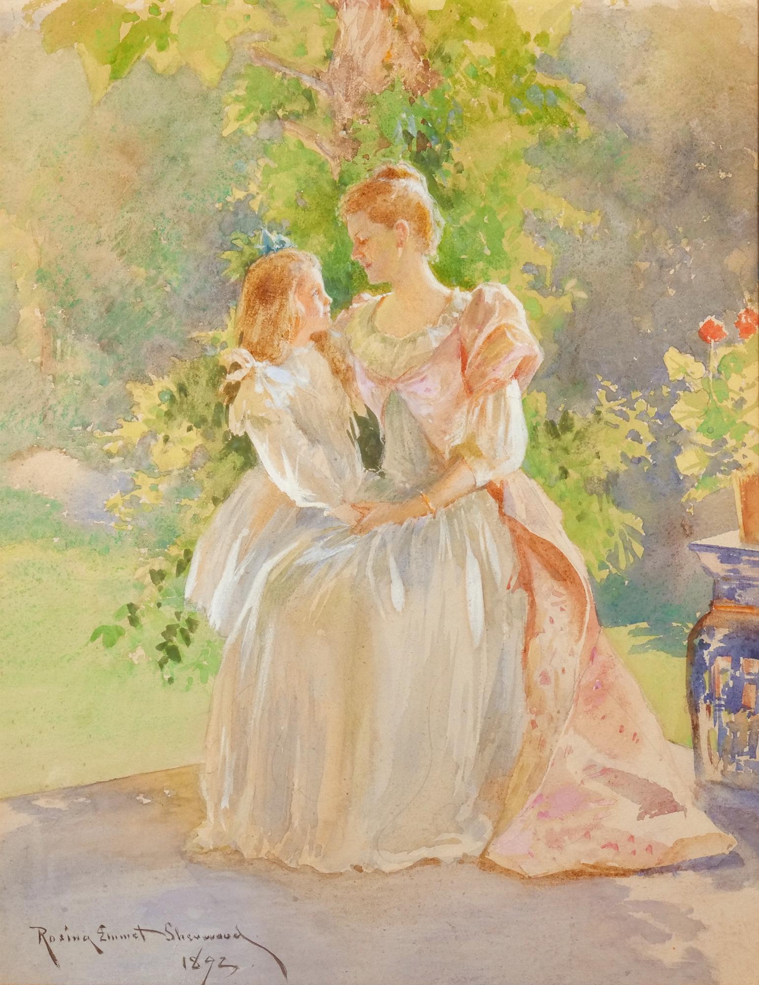 ROSINA EMMET SHERWOOD (American, 1854-1948): Mother & child in botanical setting Watercolor on paper w/opague wht. Signed and dated 1892 lower left; in a period gilt frame h. 13-1/4 w. 10-3/8 in. (sight) overall: 23-1/4 x 19-3/4 in. (frame) Prov