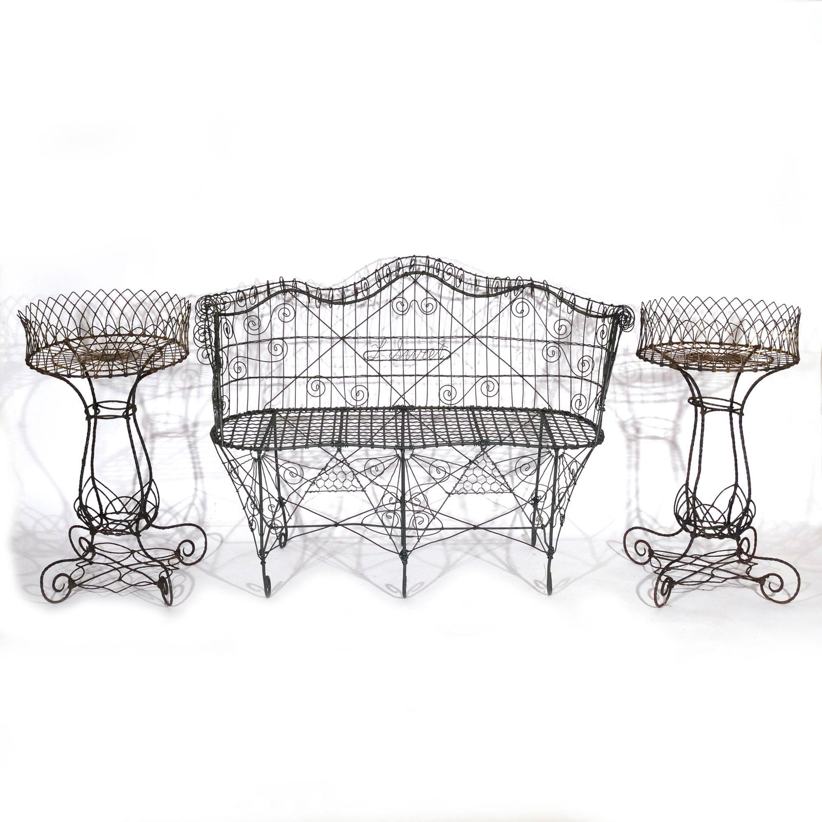 (3pc) FRENCH WIRE JARDINIERES & SETTEE (1 of 8)