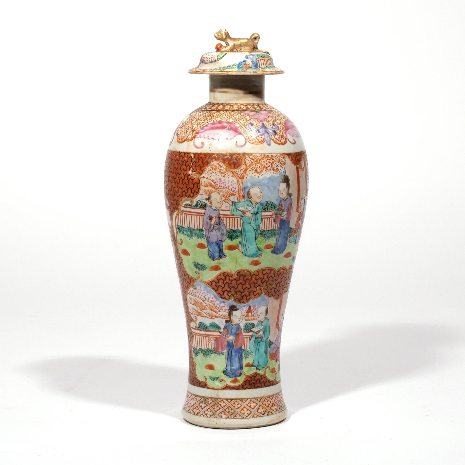 CHINESE GARNITURE VASE & COVER: With a gilt dog finial [repaired], decorated with figural landscape scenes in reserves h. 12 in. Provenance: Collection of William D. Fraad, Greenwich, CT. [In Situ Item] This Item will not be on disp