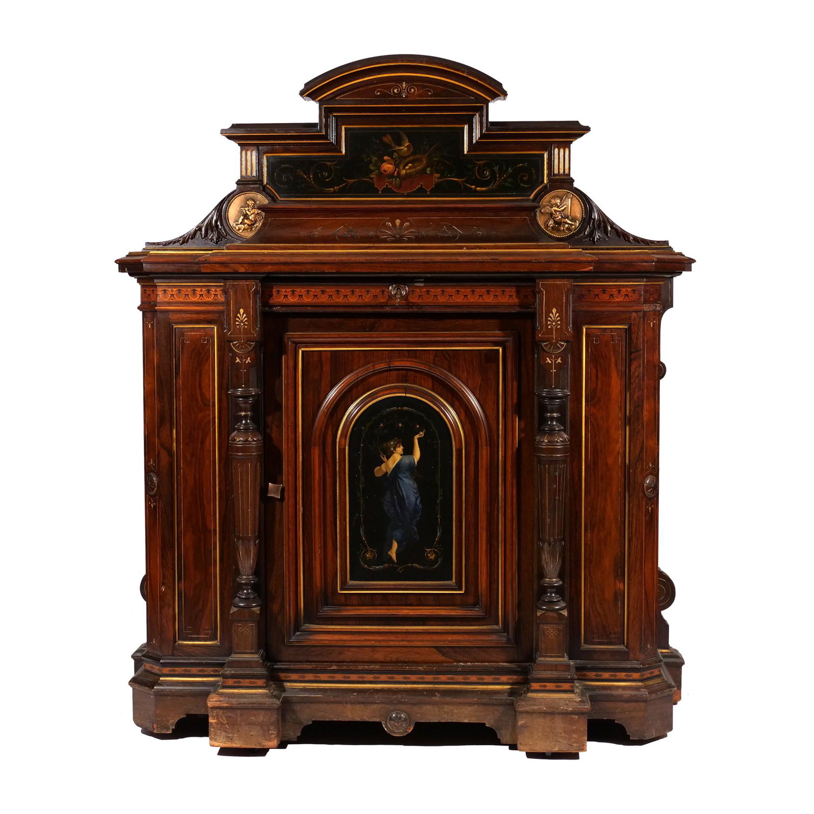 AESTHETIC MOVEMENT ROSEWOOD PARLOUR CABINET: Circa 1870, having extensive veneers, polychrome and metallic rondels, bird's-eye maple interior, raised on casters, sgd. Buelle in several places on backboards h. 62 w. 54 d. 24 in. Provenance: Desce