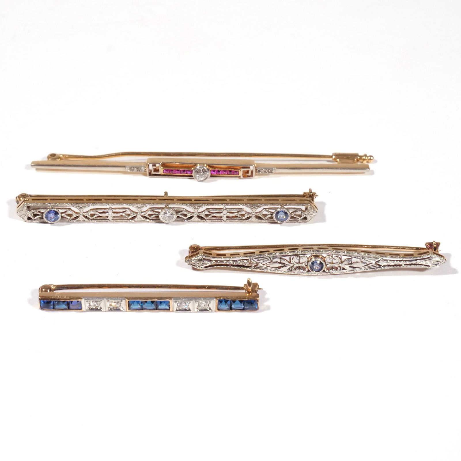 (4pc) DIAMOND & GEMSTONE GOLD BAR PINS (1 of 4)