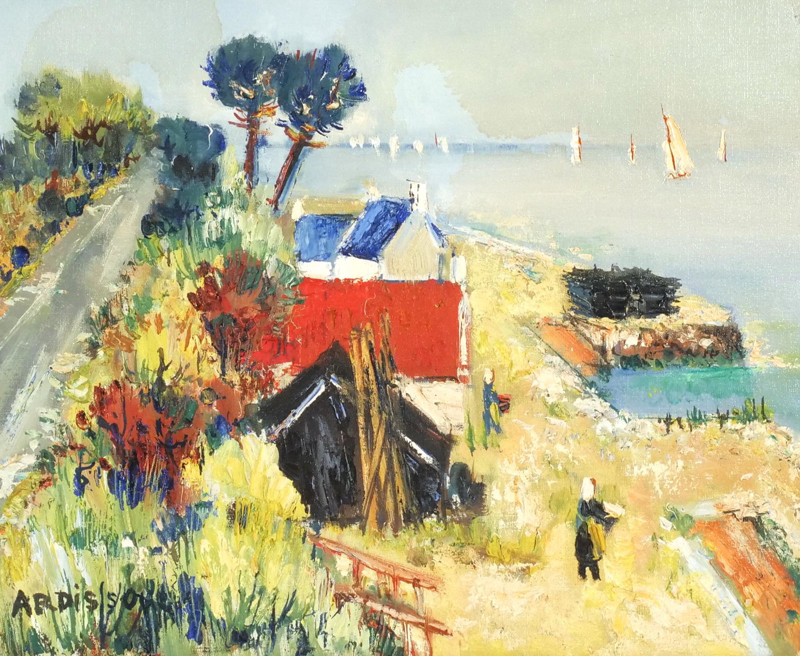 YOLANDE ARDISSONE (French, b. 1927): Seaside farmscape Oil on canvas Signed lower left, with Galerie Framond label on verso h. 15 w. 18 in. overall: 21-1/2 x 25 in. (frame) [In Situ Item] This Item will not be on display in our saleroom 