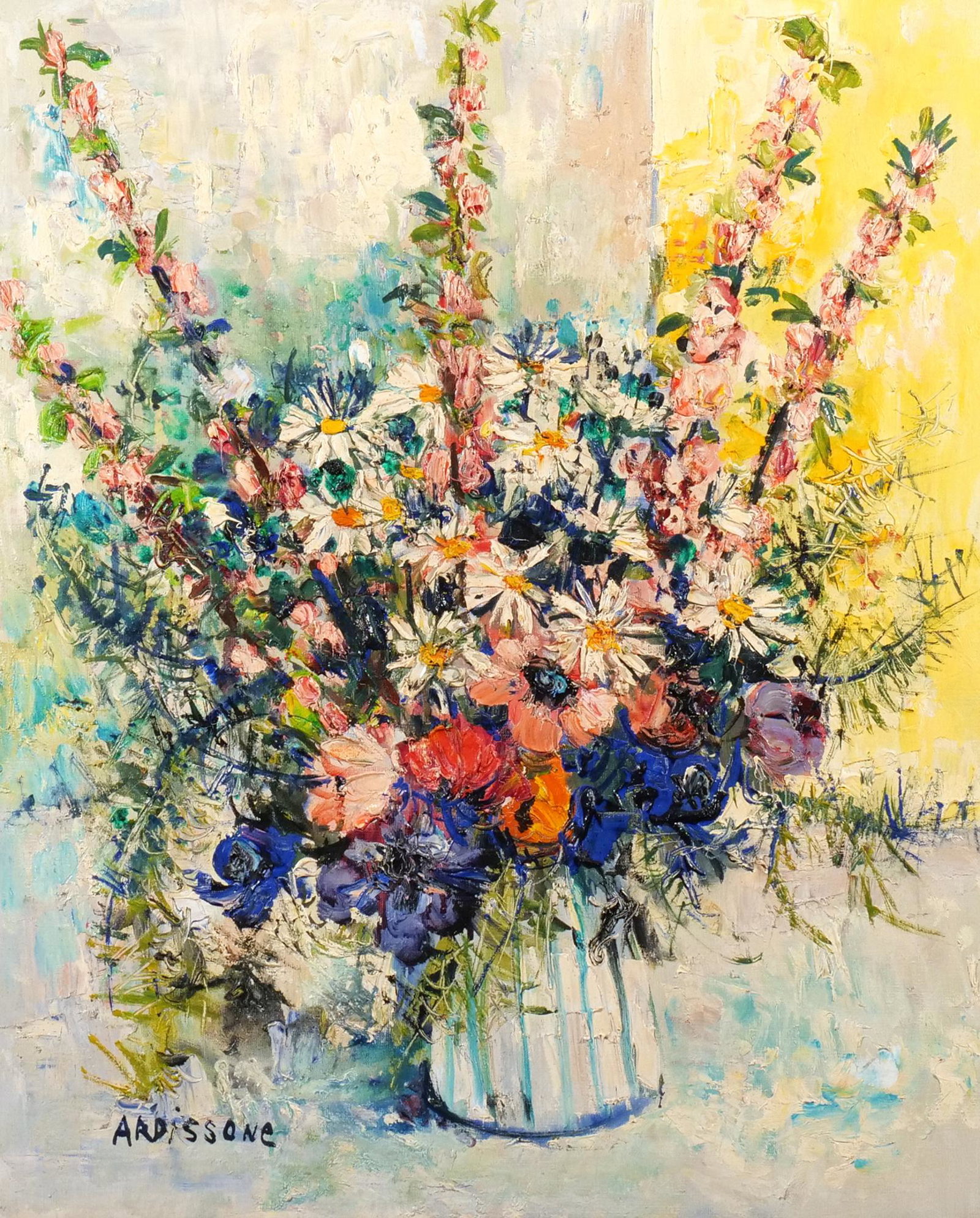 YOLANDE ARDISSONE (French, b. 1927): Floral bouquet still-life Oil on canvas Signed lower left, Lot accompanied by book on the artist with dedication and sketch h. 25-3/4 w. 21-1/4 in. overall: 34-1/2 x 30 in. (frame) Provenance: Descent