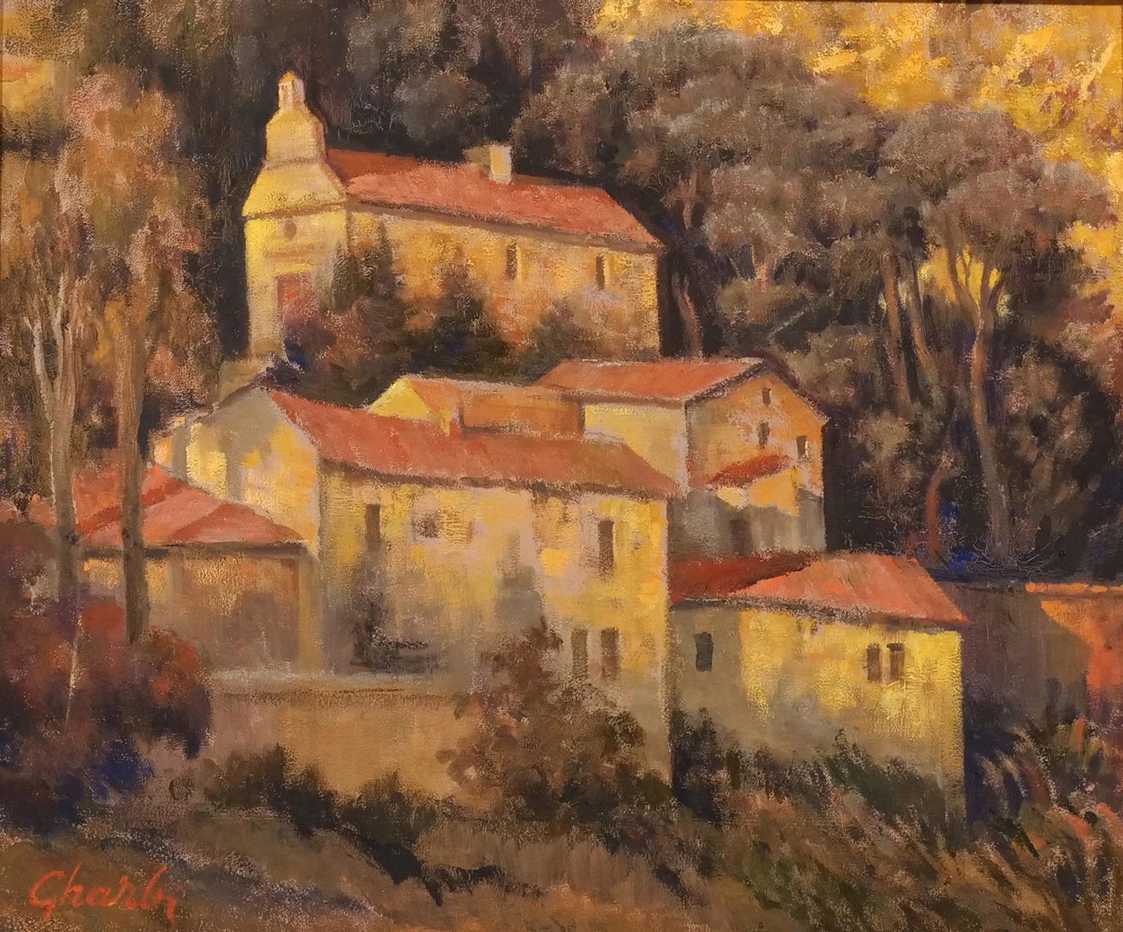 JALAL GHARBI (Tunisian/ American, 1920-2005): Oppede-le-vieux Oil on canvas Signed lower left h. 20 w. 24 in. overall: 29-1/2 x 33-1/2 in., frame Provenance: Items from The Estate of Isobel Riddoch Gharbi, Manhattan, NY Jalal Gharbi (1920-2005) w