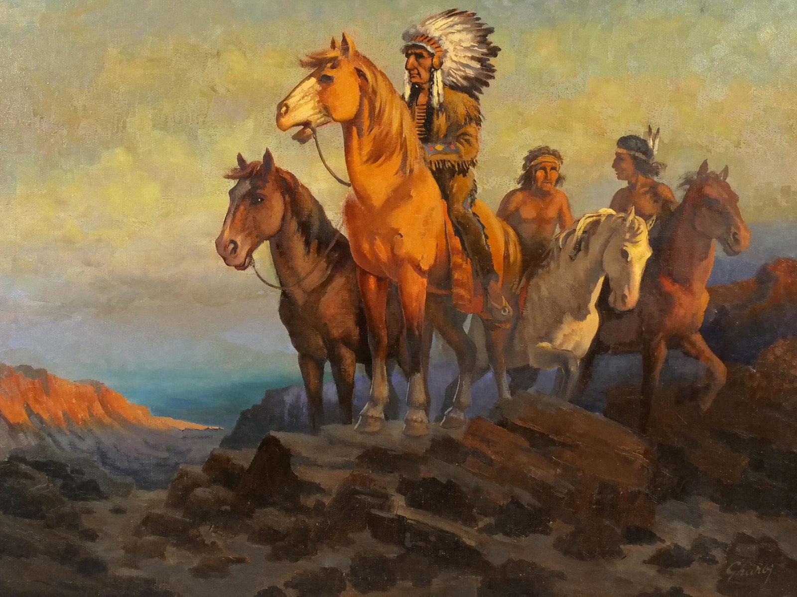 JALAL GHARBI (Tunisian/ American, 1920-2005): The Cheif With Two Braves Oil on canvas Signed lower right h. 36 w. 48 in. (stretcher) overall: 45 x 57 in. (frame) Provenance: Items from The Estate of Isobel Riddoch Gharbi, Manhattan, NY Jalal Ghar