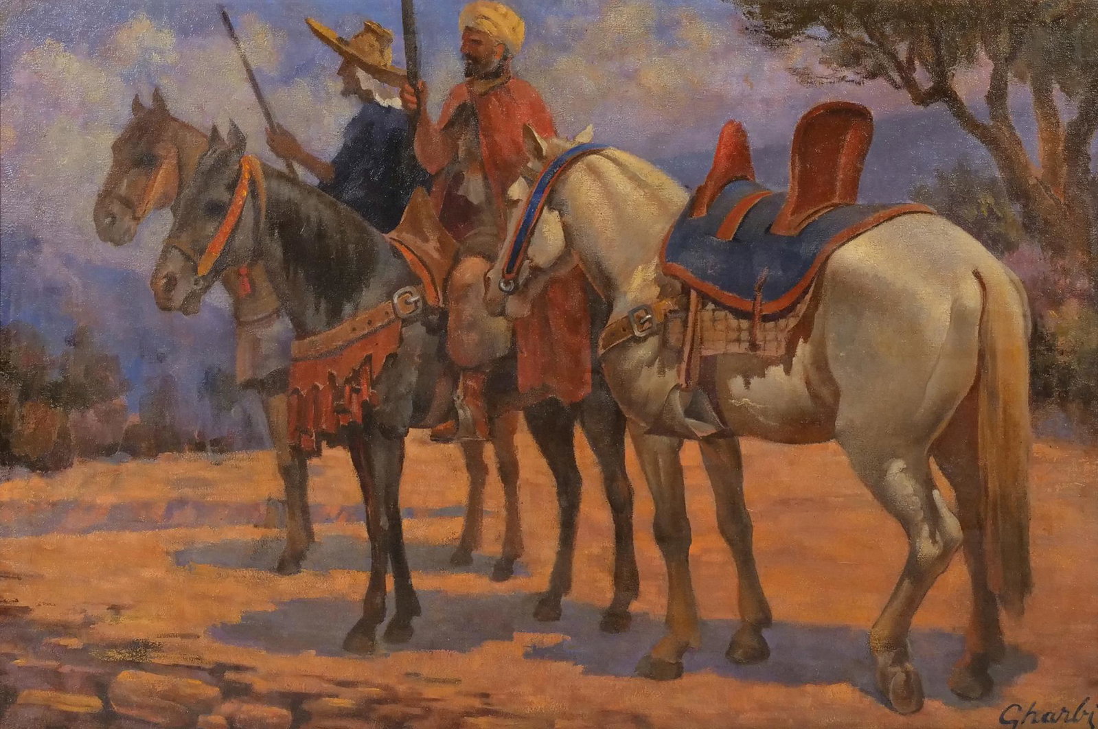 JALAL GHARBI (Tunisian/ American, 1920-2005): Moroccan Riders Oil on canvas Signed lower right h. 26-1/2 w. 37-1/2 in., stretcher overall: 33-1/2 x 45-1/2 in. Provenance: Items from The Estate of Isobel Riddoch Gharbi, Manhattan, NY Jalal Gharbi 