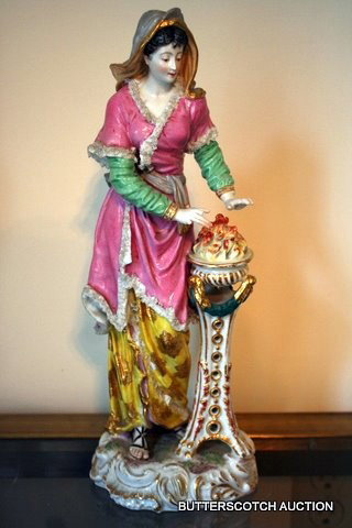 ACHILLE BLOCH AND BOURDOIS, PARIS FRANCE, PORCELAIN: FIGURE OF CLASSICAL WOMAN @ FUNERAL FIRE, FINGER DMGD.-2 ON EACH HAND, SOME LACE TRIM DETERIORATING, H. 14", CROSSED SWORDS MOUNTED BY LETTER 'E'