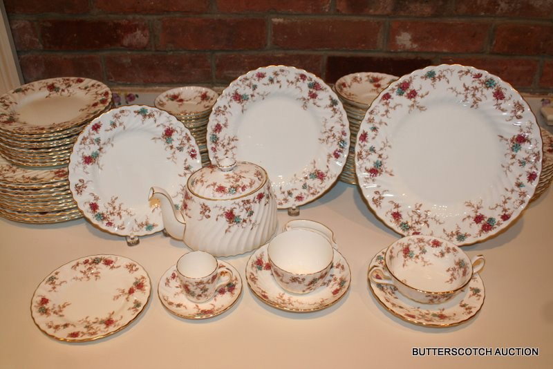 MINTON CHINA DINNERWARE SERVICE FOR 12,: ANCESTRAL PATTERN, INCLUDING: 12 DINNER PLATES,12 LUNCHEON PLATES, 12 BULLION W/10 UNDER PLATES, 9 CUPS & 12 SAUCERS, 11 SALAD/DESSERT, 12 DEMITASSE W/12 SAUCERS, 12 B&B, 1 TEAPOT W/BROKEN HANDLE, S37
