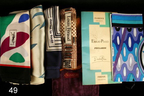 LOT LADIES SCARVES: YVES SAINT LAURENT,: EMILIO PUCCI, W/ORIGINAL SLIP CASE, LOUIS FERAND, DANIEL LA FORET AND SIGNATURE