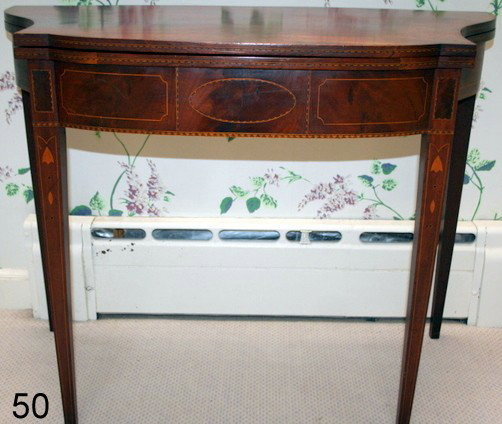 LATE 18TH C. AMERICAN FEDERAL BELL FLOWER AND: LINE INLAID SHAPED TOP GAMES TABLE; D: 17" W: 36" H: 29";