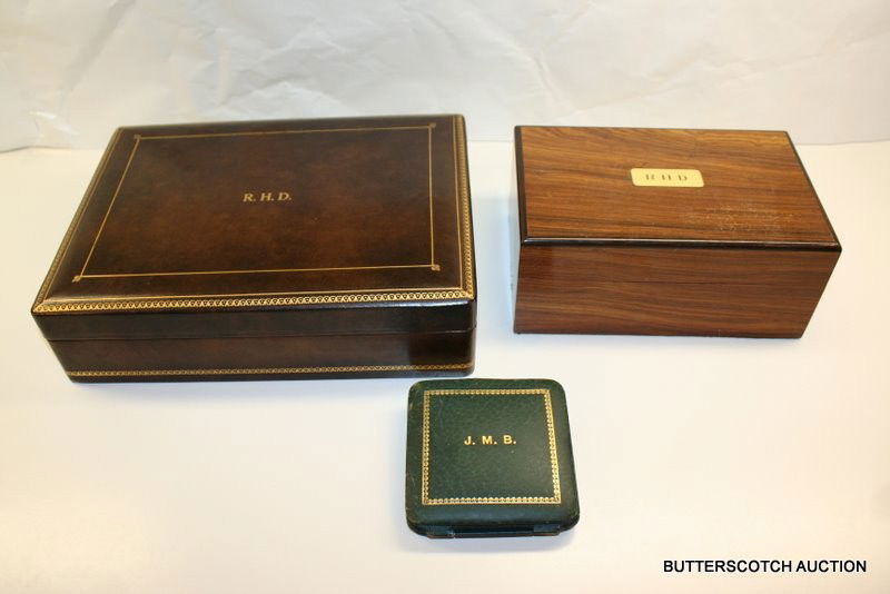 2 HUMIDORS & TRAVELING CLOCK; 1 HUMIDOR ALFRED: DUNHILL 8 1/2" X 5 1/2" X 3 3/4"; J. E. CALDWELL & CO. TRAVEL CLOCK; ET AL