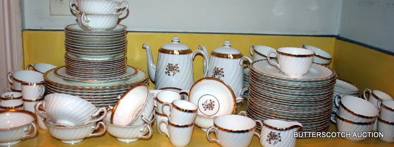 MINTON CHINA SERVICE, 'GOLD ROSE', 133 PCS.: INCL.: 12 DINNER PLATES; 22 SALAD PLATES;10 BREAD & BUTTER; 8 CREAM SOUP & SAUCERS; 11 TEA CUPS & 19 SAUCERS; 12 DEMI TASSE CUPS & 13 SUACERS; 2-TEA POTS; 2 CREAMERS; 3 SM. BOWLS; 8 BUTTER PATS; 1-SM.
