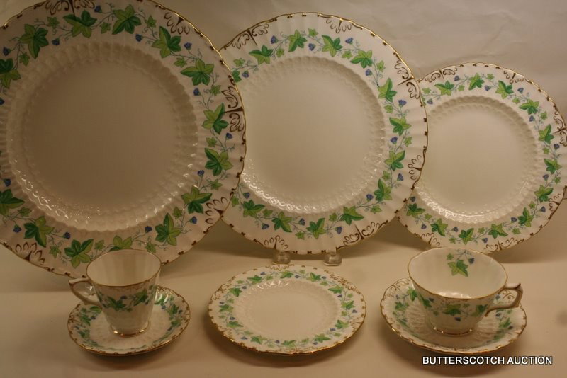 ) ROYAL CROWN DERBY DINNER SERVICE FOR 12: 1 - 12": ROUND PLATTER, 12 DINNER PLATES - 1 W/CHIP UNDER RIM, 10 LUNCHEON PLATES, 12 B&B, 11 CUPS & 12 SAUCERS, 9 DEMI CUPS & 12 SAUCERS