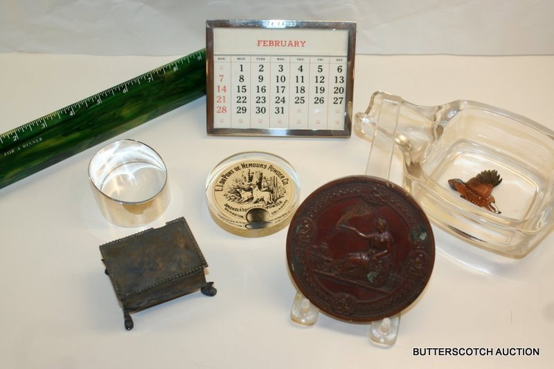 GROUP OF DESK ITEMS: BRONZE PLAQUE PHIL 1876: INT EXHIB MAKER HENRY MITCHELL, DES & SC, BOSTON USA; GUCCI STERLING SILVER PAPER WEIGHT; STERLING SILVER FRAME; STERLING SILVER STAMP BOX W/DMG LID, ETC