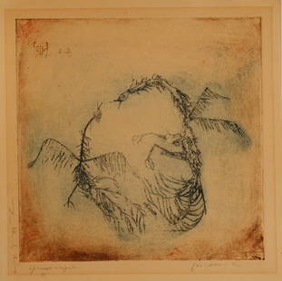 ZAO WOU-KI (CHINESE/FR. B. 1921-) ETCHING: W/COLOURED AQUATINT, PENCIL SGD. IN CHINESE & ENGLISH, ALSO MKD. EPREUVE UNIQUE, 8 1/2 X 8 1/2 (SIGHT), ED. 5, SHEET TRIMMED ON ALL SIDES TO: 12" X 9"; SHEET HAVING THE WATERMARK "ARCHES" UPPER