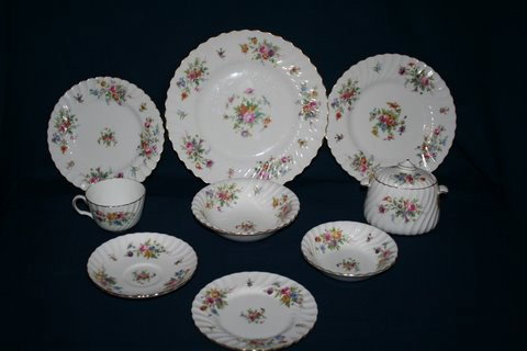 MINTON PARTIAL DINNERWARE CHINA SERVICE,: "MARLOW" PATTERN, STRAWBERRY COLORED MK. INCL.:10-DINNER PLATES; 9-LUNCHEON PLATES; 6 -COFFEE/TEA CUPS; 6- SAUCERS; 8-SMALL DESSERT BOWLS; 9-SOUP BOWLS; 8-SALAD PLATES; 8-DESSERT PLATES; COVERED SUGAR