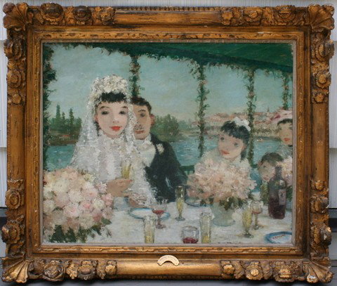 DIETZ EDZARD (GERMAN, 1893-1963) O/C: "WEDDING PARTY" IN A CUT-DOWN GILT CARVED 18TH CENTURY FRAME; TITLED ON VERSO & SGD. L.R., 26" X 32"