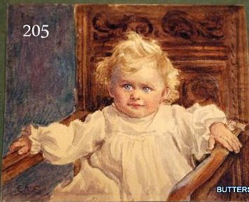 2-MINIATURES BY ELEANOR MABEL ELWES (1881-1950): W/C OF DOG"MR. BROWN, SGD. W/INITIALS & D. 1900, DIA. 3 ½'; W/C OF BABY IN CHAIR SGD. W/INITIAL, 2 ¼ X 2 ¾" & PROV.: ESTATE OF MAY SARTON, DAUGHTER OF THE ARTIST; ELEANOR M. ELWES WAS BORN IN LONDO