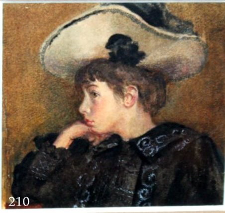 ELEANOR MABEL ELWES (1881-1950) MIXED MEDIA,: MINIATURE OF YOUNG GIRL W/WIDE BRIM CHAPEAU FACING LFT W/HAND RESTING ON CHIN., NO SIGNATURE, VERSO READS: FIRST ATTEMPT AT MINI PAINTING, 2 1/2" X 2 1/2" (SIGHT), COND.: CEASES OFF SUBJECT NEAR OUTER