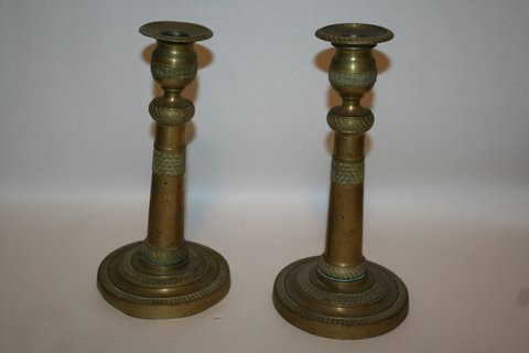 PAIR OF 19TH C. FRENCH ORMOLU CANDLESTICKS, O: W/ BREAK AT JUNCTION OF STD.. & BASE; H: 8 ½"