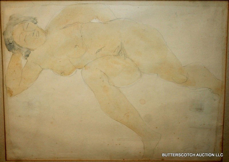 AUGUSTE RODIN (FR. 1840-1917) ¾ LENGTH NUDE: FEMALE, WATERCOLOR AND PENCIL ON PAPER, SIGHT:10 x 14", SGD L.R.