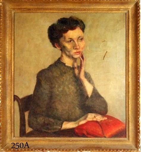 STYLE OF RAPHAEL SOYER (AMER. 1899-1987): PORTRAIT OF A SEATED WOMAN, OIL ON CANVAS, 20" X 18", VERSO READS "MARCH 1943"; SEVERAL TEARS IN CANVAS, AREAS OF DISCOLORED VARNISH