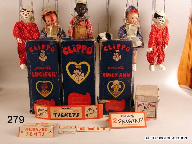 6 CLIPPO MARIONETTES, 5-BY EFFANBEE, INCL.: 2-CLOWNS, ORIG.BOXES; LUCIFER, ORIG. BOX; 2-EMILY ANN'S, RPL. BOXES; PLUS, PET-PUP, DESIGNED BY VIRGINIA AUSTIN, MFG. CHARACTER NOVELTY CO., C. 1940, ORIG. BOX