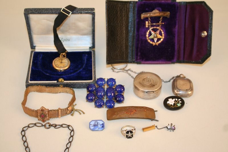 281 MISC. GOLD, STRL. S. & COSTUME JEWELRY: 14KW: GOLD MASONIC RING; MASONIC PIN W/ENAMEL, D. 1933, W/ORIG. CASE; LADIES GOLD PLATED PENDANT WATCH W/14KYG FOB BUCKLE; VICT. GOLD PLATED BRACELET W/SLIDE; LAPIS LAZULI PIN; STRL. S. IDENTIFICATION BRACE