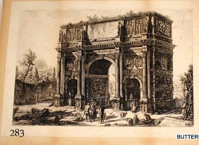 GIOVANNI B. PIRANESI, "VEDUTA DELL' ARCO DI: CONSTANTINO", ETCHING, C. 1771,FROM THE VEDUTE DI ROMA, 18 ¾ X 28 ¼" (PLATEMARK), W/WIDE MARGINS, LAID DOWN, OVERALL FOXING, MKD. CAVALIERE PIRANESI DEL ED. INC. IN PLATE MARK; PLUS 19TH C. REPRODUC