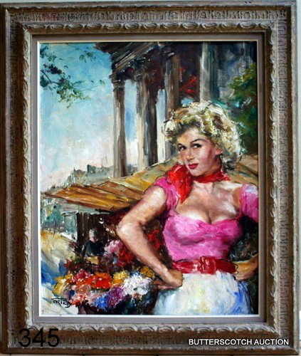 FRIED PAL ( HUNGARIAN/AMER. 1893-1976) O/CANVAS: BOARD, SEXY WOMAN IN CITYSCAPE, 30 X 24, SGD. L.L., PROV.: PURCHASED FROM ARTIST IN 60'S BY CONSIGNORS LATE HUSBAND