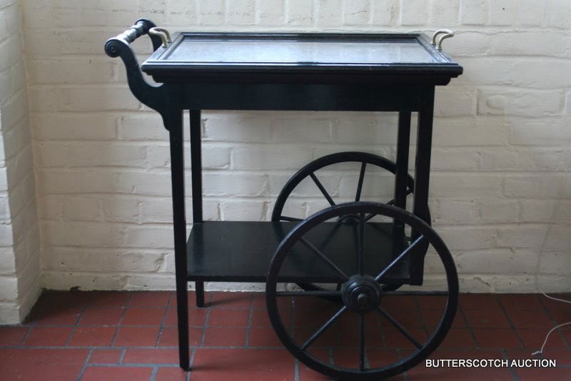 20TH C. ASIAN DESIGN TEA CART W/ REMOVABLE TRAY: BLACK W/CHINOISERIE DESIGN, H: 28" L: 27"