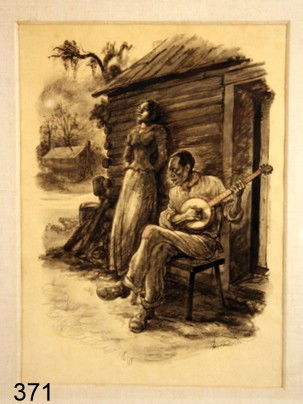 3- WILLIAM SHARP (1900-1961) PICTURES :SEPIA: DRAWING OF BLACK COUPLE SGD. W/INITIALS, 13 X 9 ¼" (SIGHT); WATERCOLOUR OF COWS, 15 1/2 X 12 1/2" AND PEN & INK DRAWING OF MAN W/2-HORSES, PENCIL SGD. & INITIALED, BOTH NOT EXAMINED OUT OF FRAME