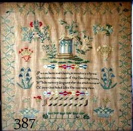 E. 19TH C. SAMPLER W/RHYME, SGD. SUSAN ANDERS: WITHIN CARTOUCHE: 17 X 17", PERIOD FRAME