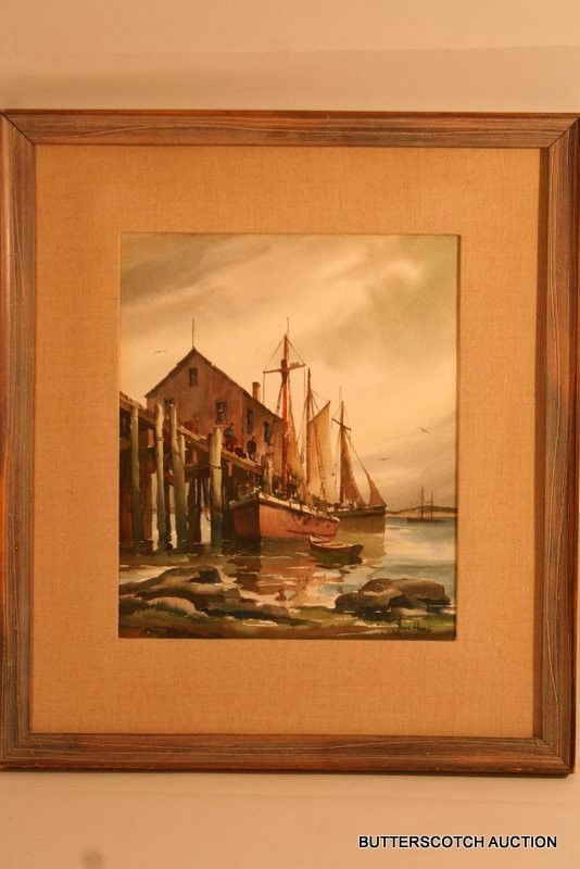 JOHN CUTHBERT HARE (AMER. 1908-78) WATERCOLOUR: GLOUCESTER SCENE: MOORED DOCKSIDE 2-MASTED BOAT, 12 X 10"