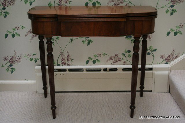 ) 20TH C. BESPOKEN MAHOGANY INLAID GAMES TABLES: IN FEDERAL-STYLE, W. 36", D. 18", H. 30 ½"