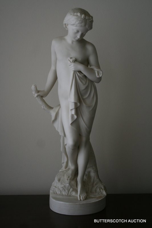 ) COPELAND PARIAN BY OWEN HALE, SEMI CLAD FEMAL: H. 18 1/2", W/HAIRING AGE CRACK UNDER KNEE