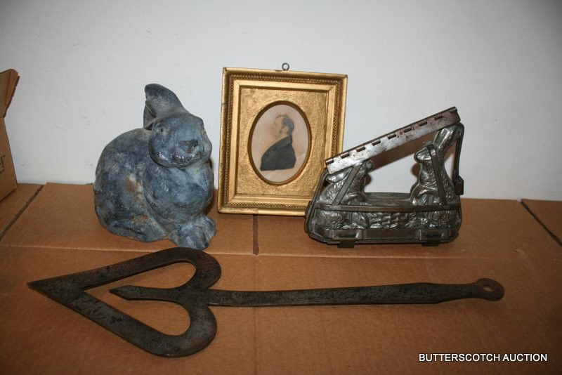 19TH WC JOHN WESLEY JARVIS 1808 ; EASTER MOLD: LOT OF 4 ITEMS COSTING OF 1) SMALL WATERCOLOR AND INK OF A GENTLEMAN PENCIL SIGNED "JARVIS 1808" WHO IS JOHN WESLEY JARVIS, 1780-1840. VISIBLE MEASURES 3"X 4.125". FRAME MEASURES 6.75" X 7.75". 2) EAS