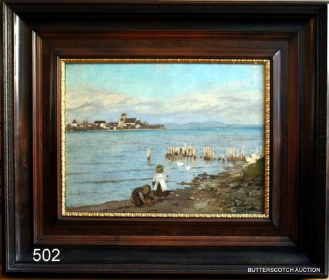 GUSTAVE SCHONLEBER (GERMAN, 1851-1917), O/C,: WATERY LANDSCAPE W/CHILDREN ON SHORE, SGD, L.R., COND.: RELINED AND RESTORED, 16 X 20.5", PERIOD RIPPLE FRAME