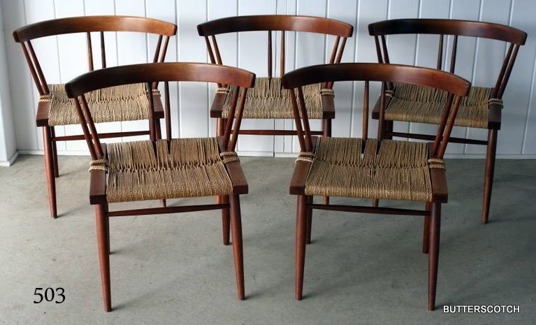 SET 5 GEORGE NAKASHIMA WALNUT DINING CHAIRS: W/GRASS SEATS AND SPINDLE BACKS, H. 26 1/2", SH. 16 1/2", W. 18"