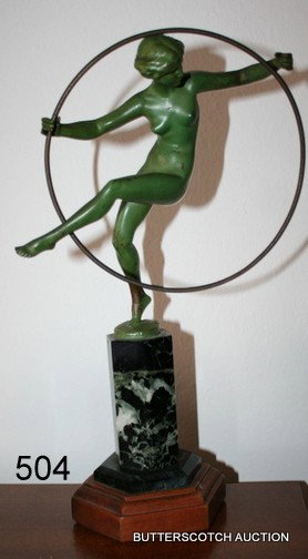 ART DECO GREEN PATINATED BRONZE SCULPTURE OF: DANCER W/LOOP ON MARBLE BASE, SGD. BRIAN AND MARKED MADE IN FRANCE, OVERALL H. 12.5"