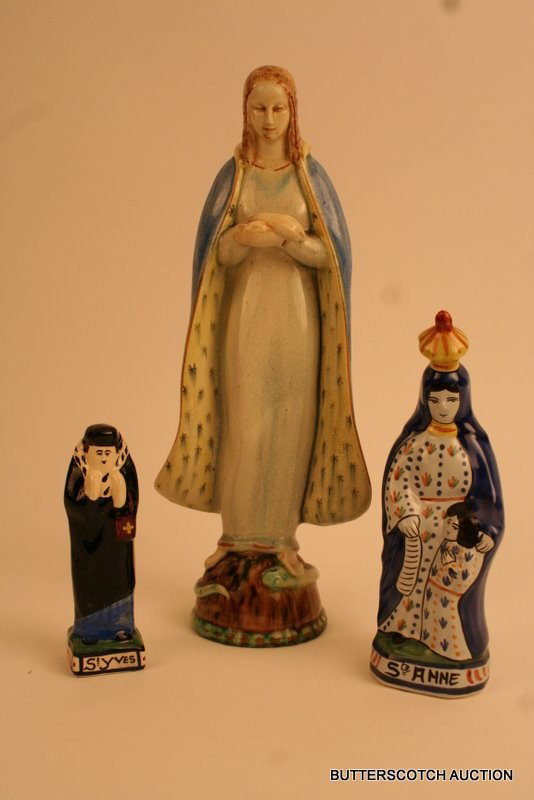 2-HENRIOT QUIMPER FIGURES: ST. ANNE, 7' & LADY: W/POCKETBOOK, MKD. ST YVES, 5" PLACE MADONNA, MKD. KARLSBAD, MADE IN GERMANY, H. 12"
