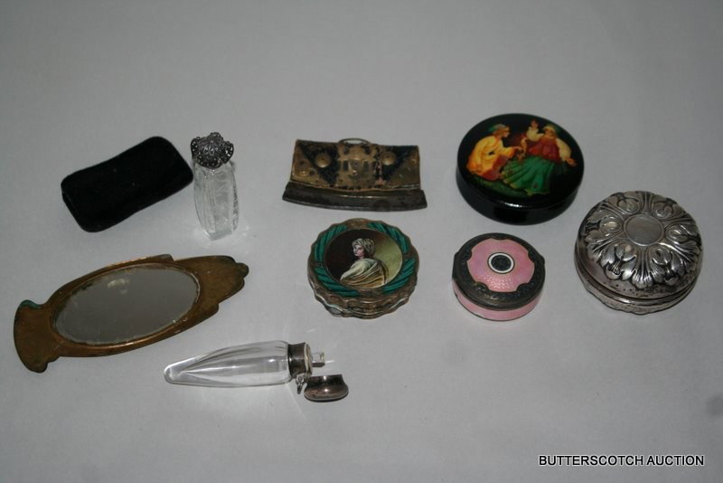 OBJET D' ART GROUP, INCLUDING - GORHAM STERLING: SILVER YO YO, 2 SCENT BOTTLES, RUSSIAN & ENAMEL PILL BOXES,JAPANESE PURSE & MIRROR, ETC.