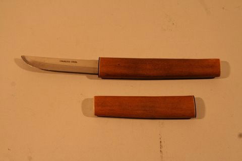 JAPANESE TANTO KNIFE W/WAVE TEMPER BLADE: OVERALL L. 8 1/4", CASE W/IVORY & EBONY BANDING, BLADE MARKED STAINLESS STEEL