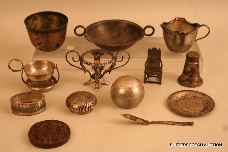 MISC. LOT SILVER & PLATE: INCL. : 18TH C.: BEAKER; MINIATURE WAINSCOT CHAIR