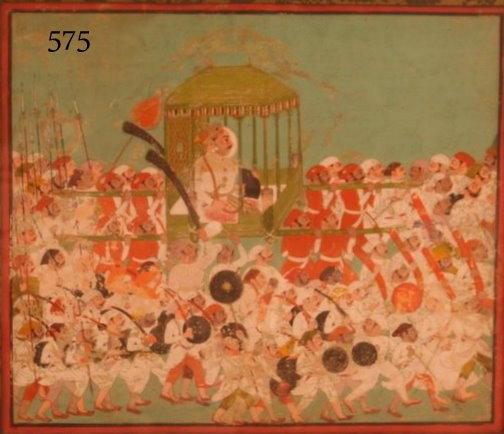 18THC. SOUTH EAST ASIAN MIXED MEDIA PAINTING,: SHOWING MARCHING MILITARY FIGURES W/CENTRAL MOGHUL BEING CARRIED ON STRETCHER, 11 3/4 X 13 3/4" (SIGHT) , COND.: OVERALL PIGMENT LOSS Note: Images 3-6 are NOT true to color, they are for the purpose o