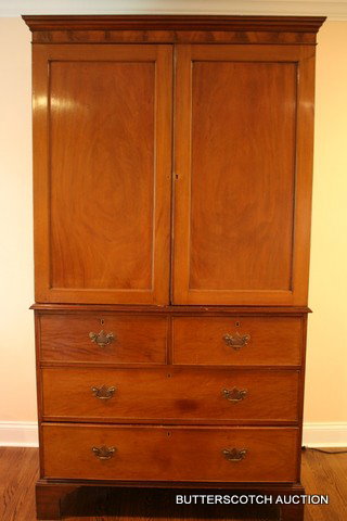 E. 19TH C. ENGLISH MAHOGANY LINEN PRESS,: W/ DB. PANELED DOORS , H. 7", W. 3'-10", D. 24" (TO BE VIEWED BY APPOINTMENT)