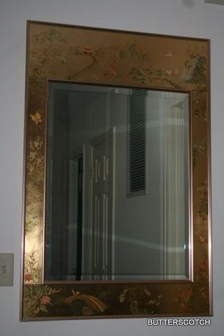 LA BARGE WALL MIRROR W/ FLORAL PAINTED SIDE PANELS: 48 X 42"
