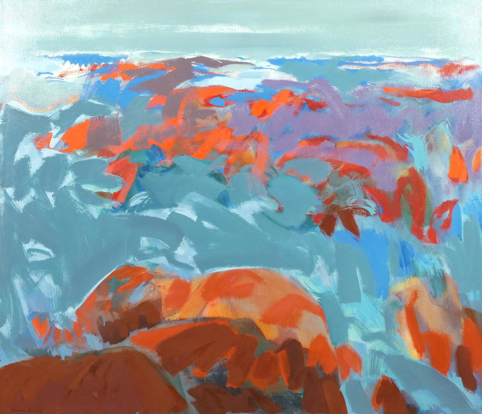 AINSLIE E. "PAT" BURKE (American, 1922-1991): Tidal Falls Oil on canvas Signed lower left, signed and titled on verso, framed h. 36 w. 42 overall: 39 1/4 x 45 in. Provenance: Kraushaar Galleries, New York, NY, 1970s; purchased from above, then de