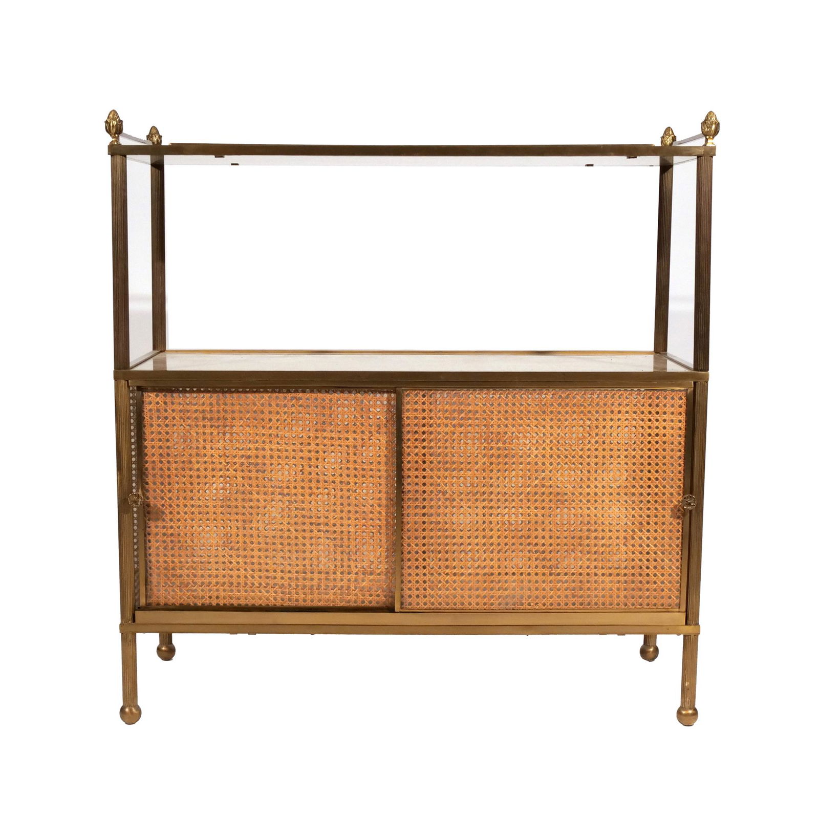 MID-CENTURY BRASS, CANE, & GLASS BAR CABINET (1 of 15)