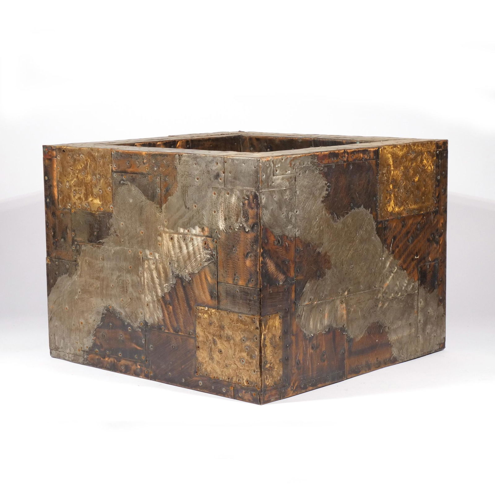 PAUL EVANS JR (1931-1987): Patchwork Cube Mixed metals h. 15 w. 20 d. 20 in.